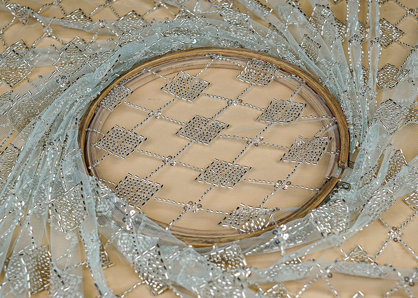 Ice Blue Imported Net with Sequins and Kutdana Handwork Embellishments