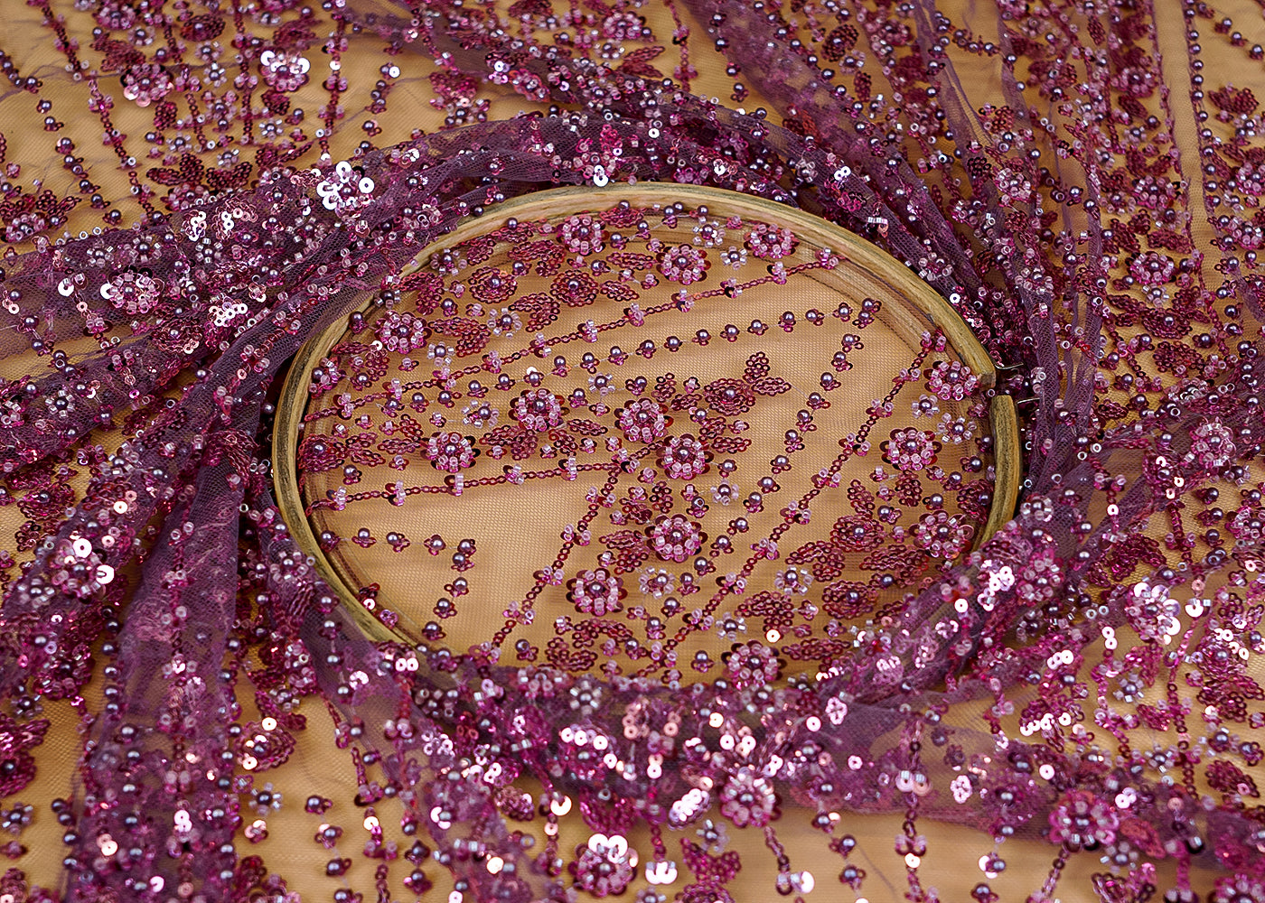 Onion Imported net with floral pattern of kutdana, sequins and pearl work