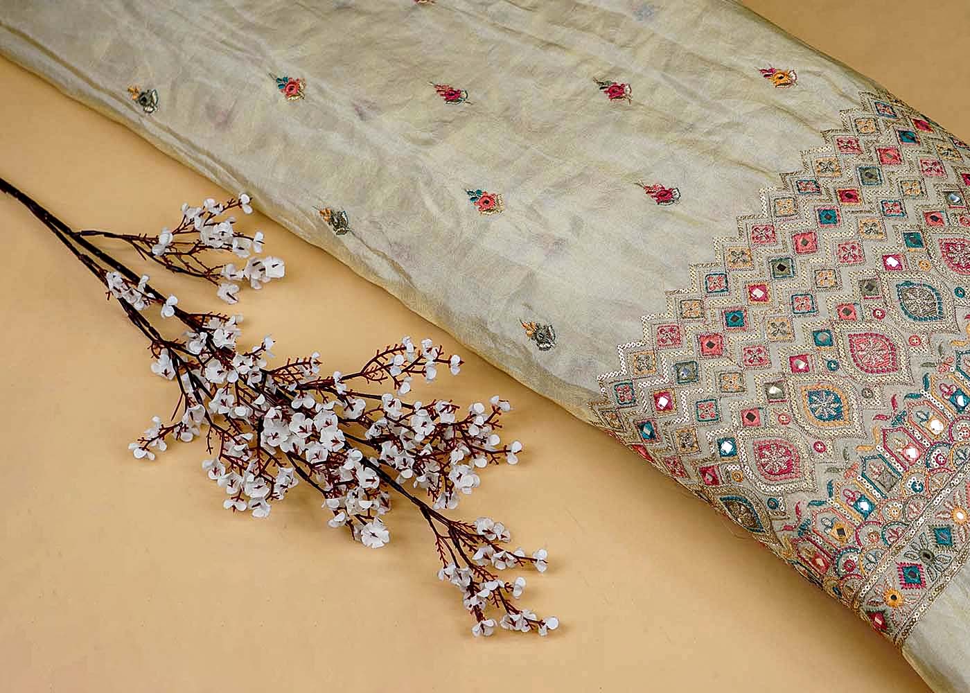 Vibrant Tissue Fabric with Multicolor Thread and Sequins Buti and Heavy Border