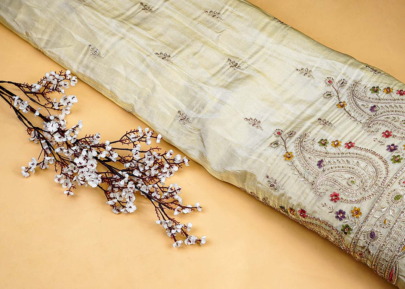 Vibrant Tissue Fabric with Multicolor Thread, Sequins, and Kutdana Work, with Heavy Border