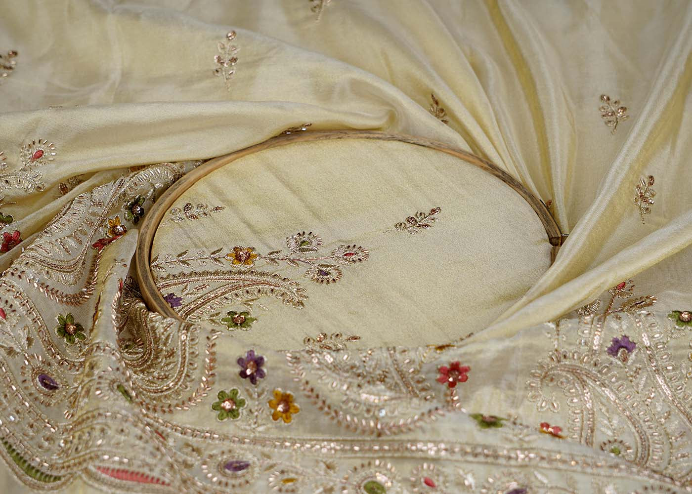 Embroidered Tissue Fabric with Heavy Border – Paras Gallery Fabrics