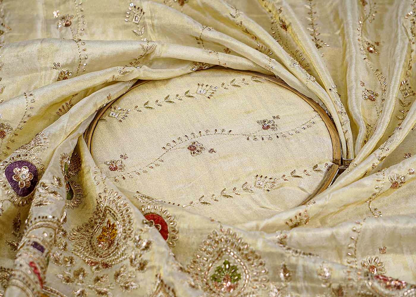 Embroidered Tissue Fabric with Sequins, Kutdana & Heavy Border – Paras Gallery Fabrics