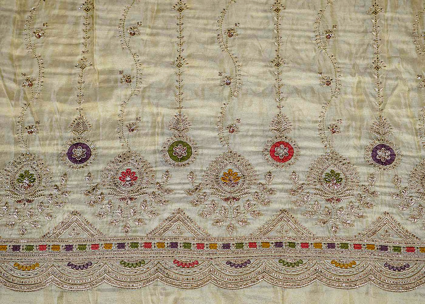 Tissue Fabric with Multicolor Threadwork & Heavy Border – Paras Gallery Fabrics