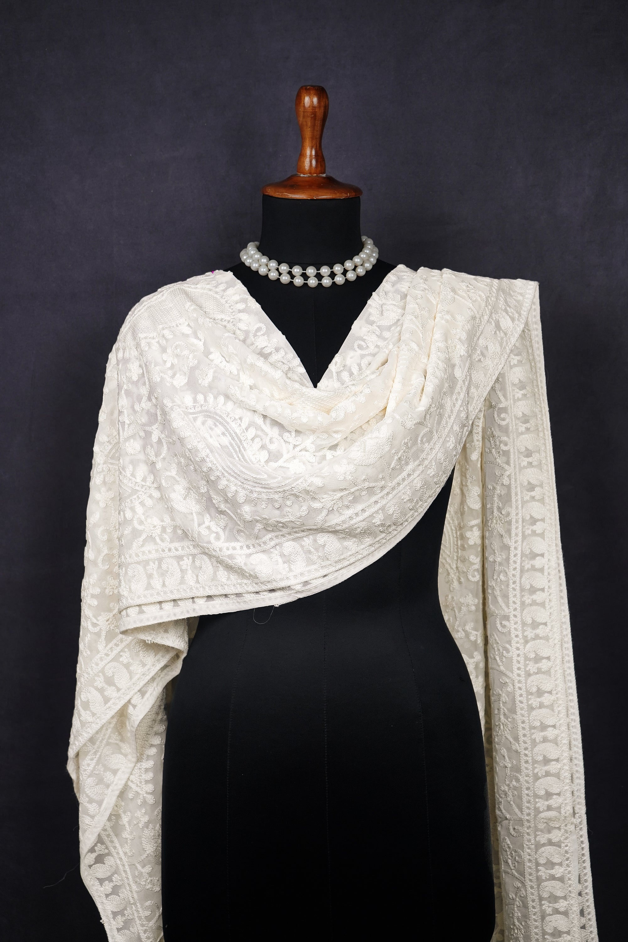 White Dyeable Georgette Dupatta With All Over Thread Work 12172