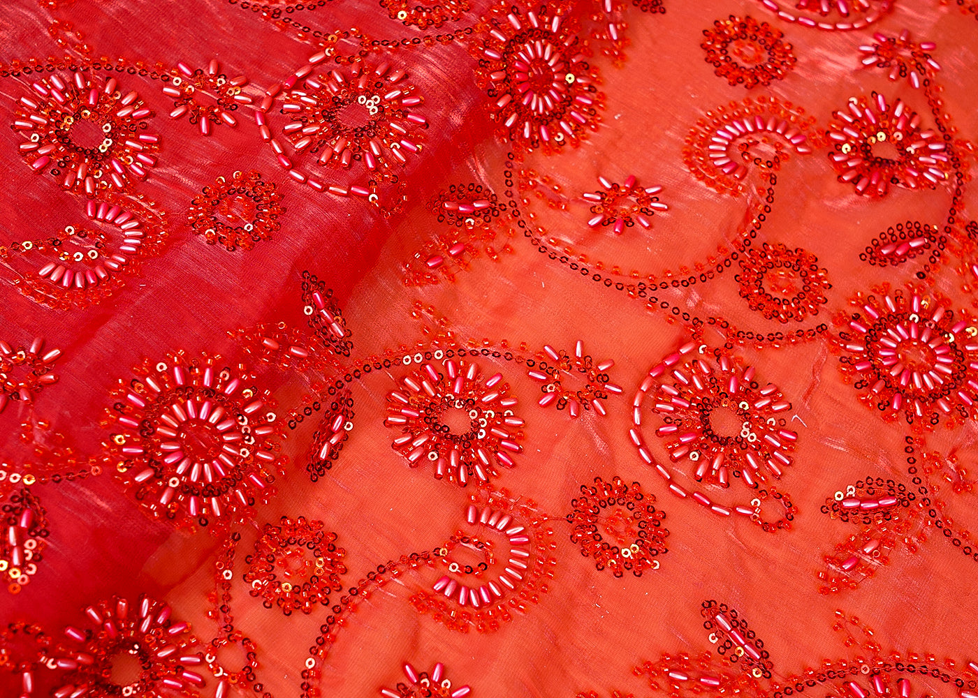 Red Glamorous Jimmy Choo Fabric with All-Over Work of Sequins, Beads, and Kutdana