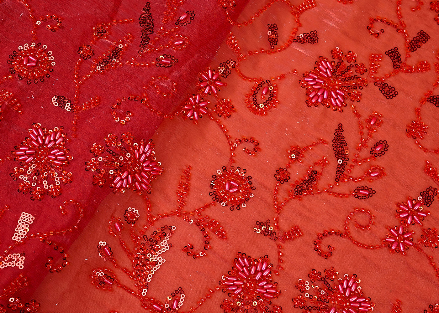 Red Glamorous Jimmy Choo Fabric with All-Over Work of Sequins, Beads, and Kutdana