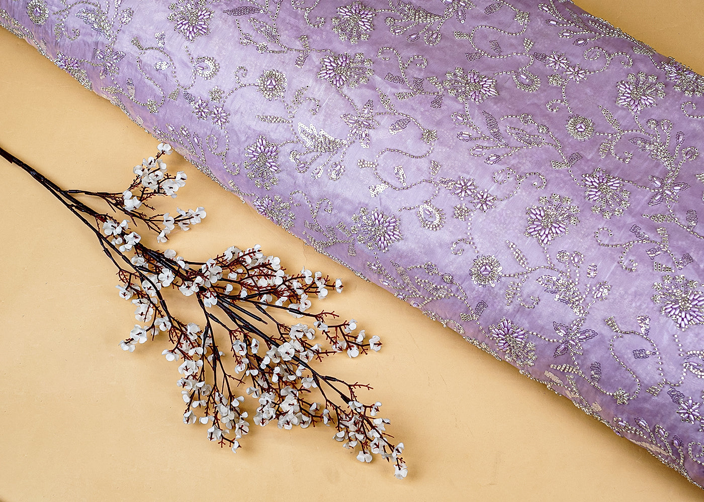 Lavender Glamorous Jimmy Choo Fabric with All-Over Work of Sequins, Beads, and Kutdana