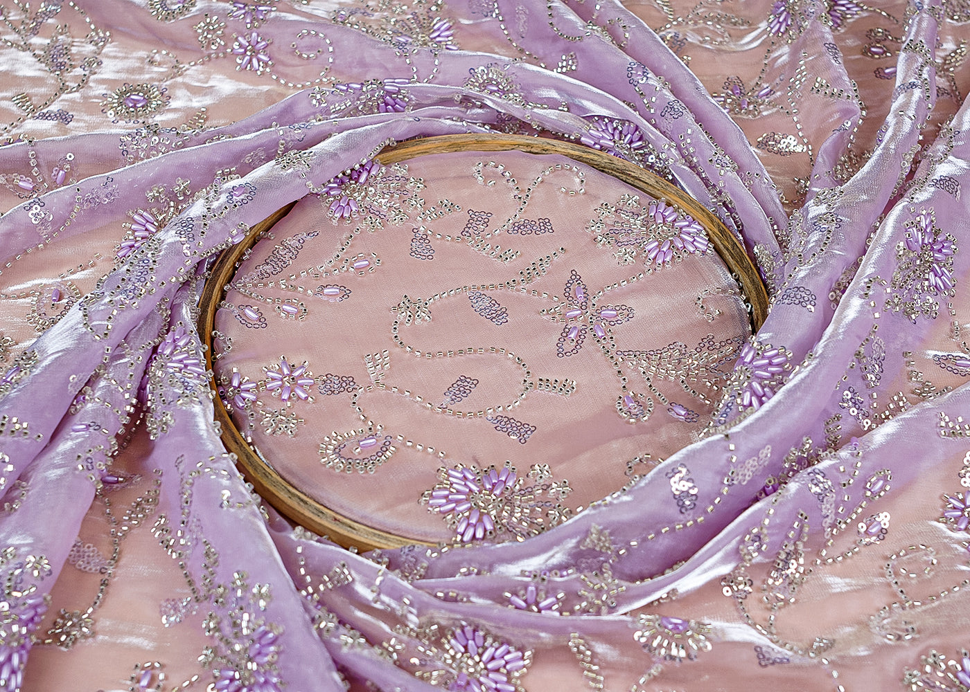 Lavender Glamorous Jimmy Choo Fabric with All-Over Work of Sequins, Beads, and Kutdana