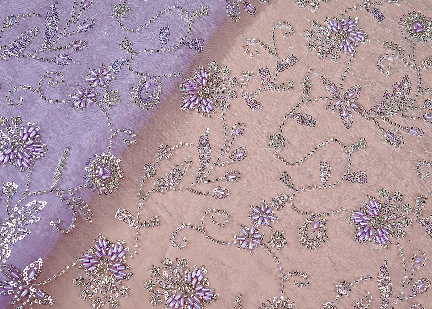 Lavender Glamorous Jimmy Choo Fabric with All-Over Work of Sequins, Beads, and Kutdana