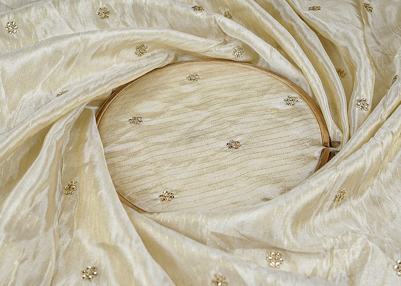 Radiant Organza Tissue Fabric with All-Over Buti of Sequins and Threadwork