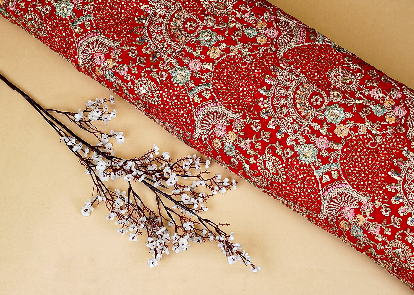 Red Golden Glam Georgette Fabric with Zari, Sequins, and Threadwork