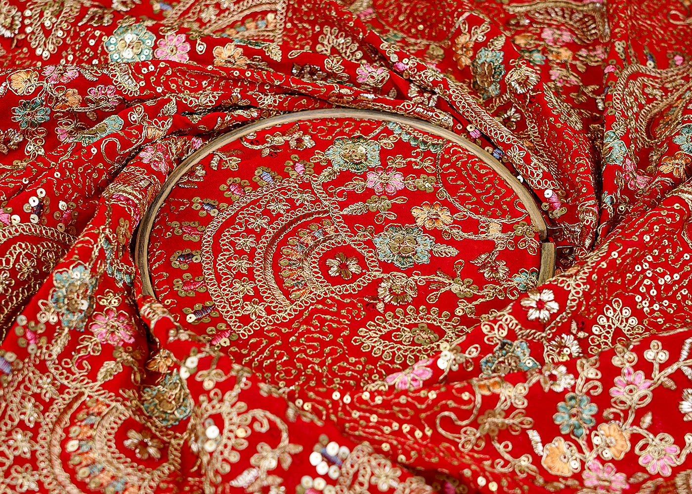 Red Golden Glam Georgette Fabric with Zari, Sequins, and Threadwork