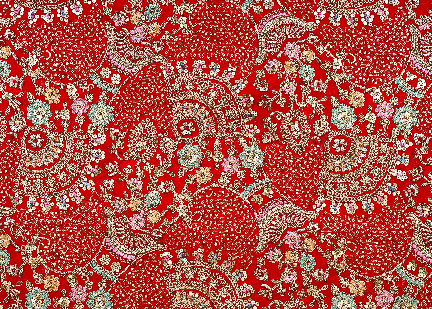 Red Golden Glam Georgette Fabric with Zari, Sequins, and Threadwork