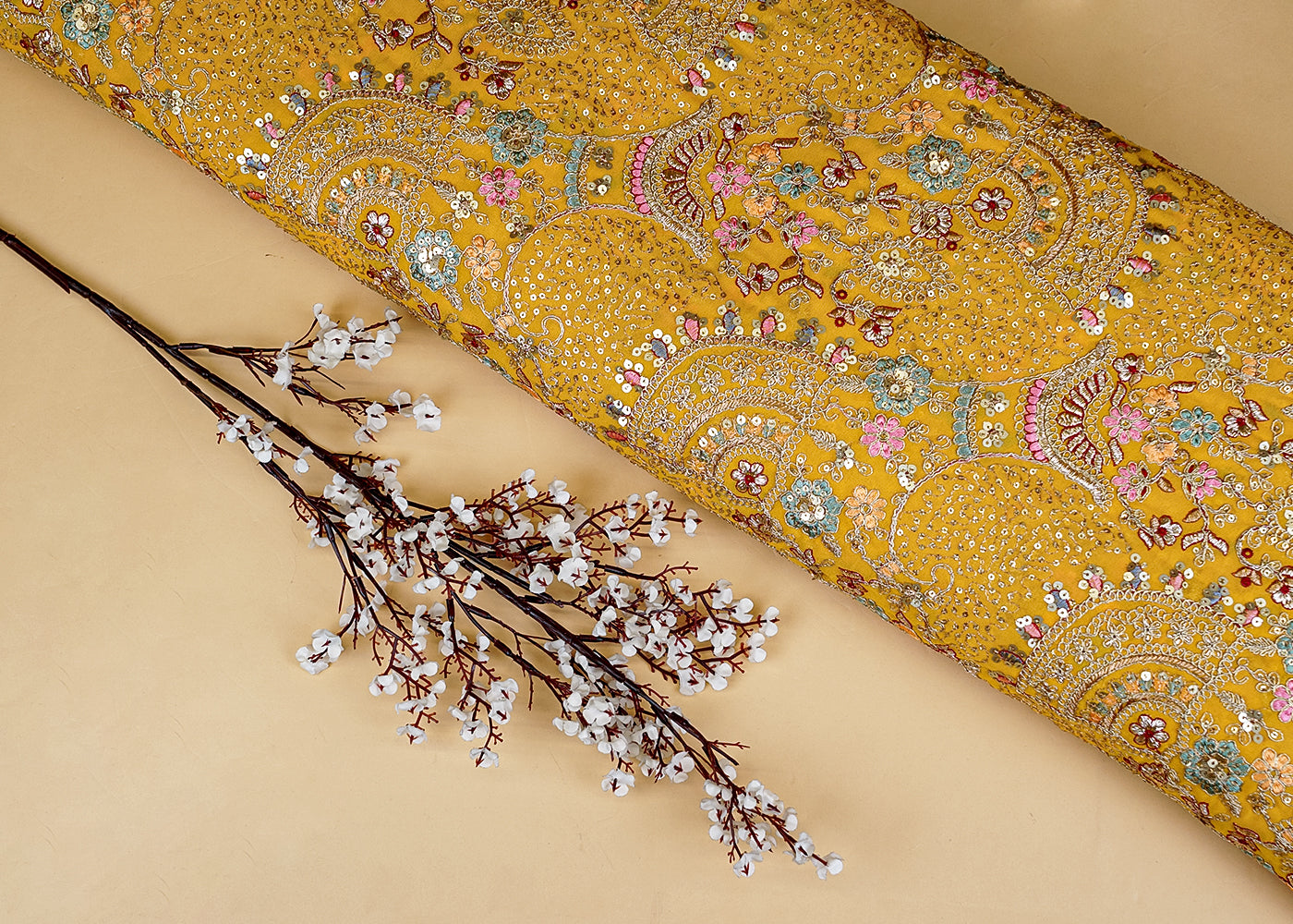 Yellow Golden Glam Georgette Fabric with Zari, Sequins, and Threadwork