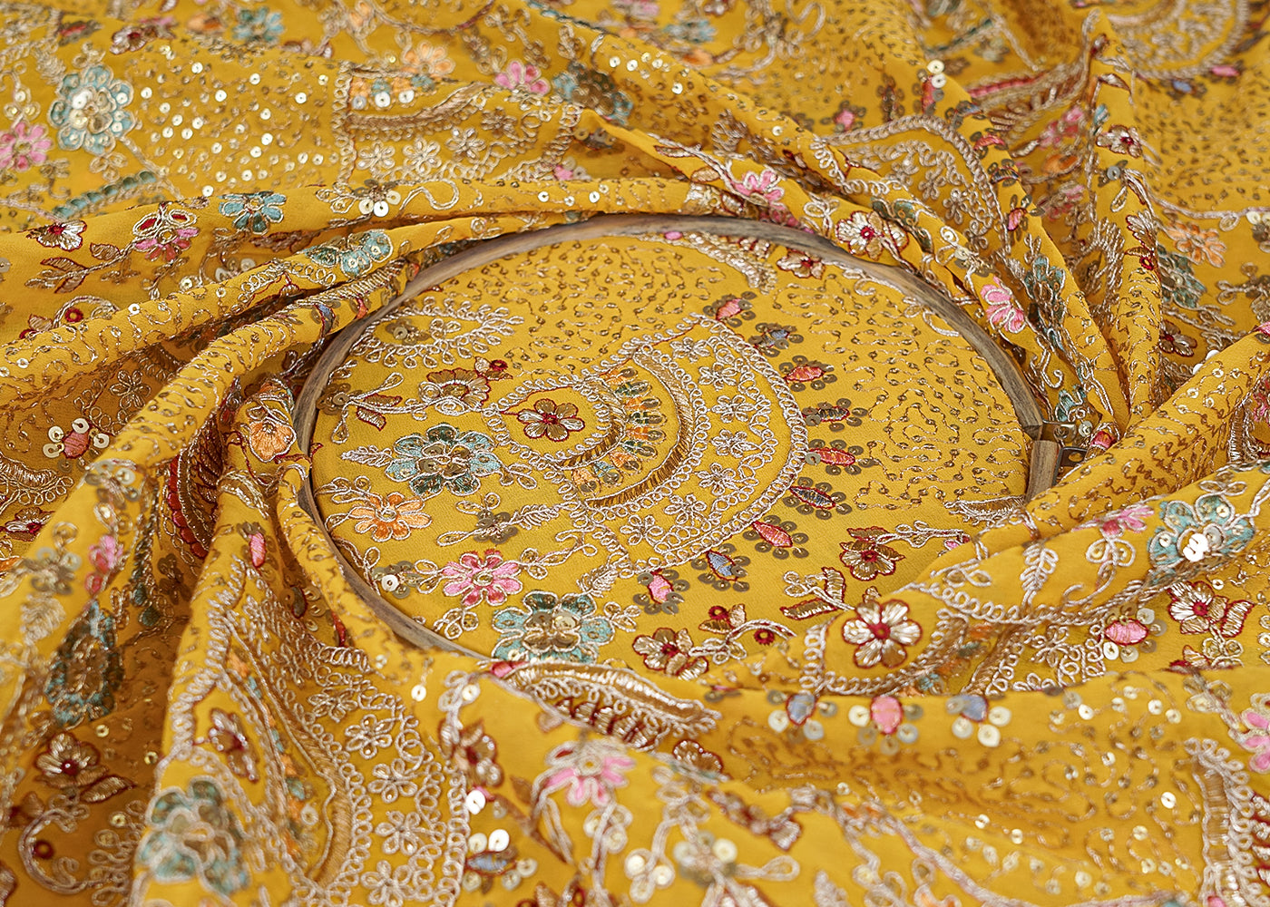 Yellow Golden Glam Georgette Fabric with Zari, Sequins, and Threadwork