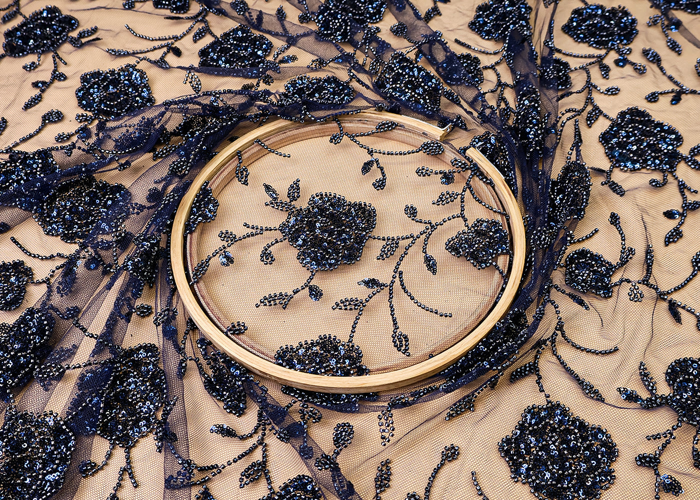 Navy Blue Imported Net Fabric with Allover Bead and Sequins Work 12237