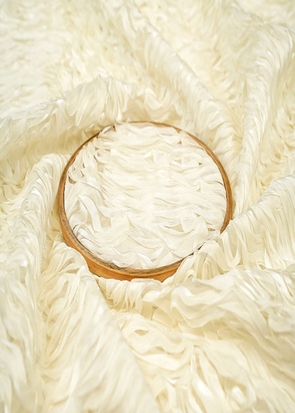 Imported Cream Net Fabric with Allover Pleated Ribbon Work