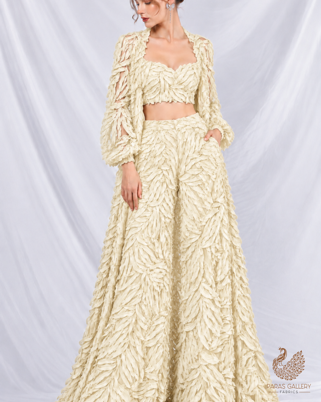 Imported Cream Net Fabric with Allover Pleated Ribbon Work