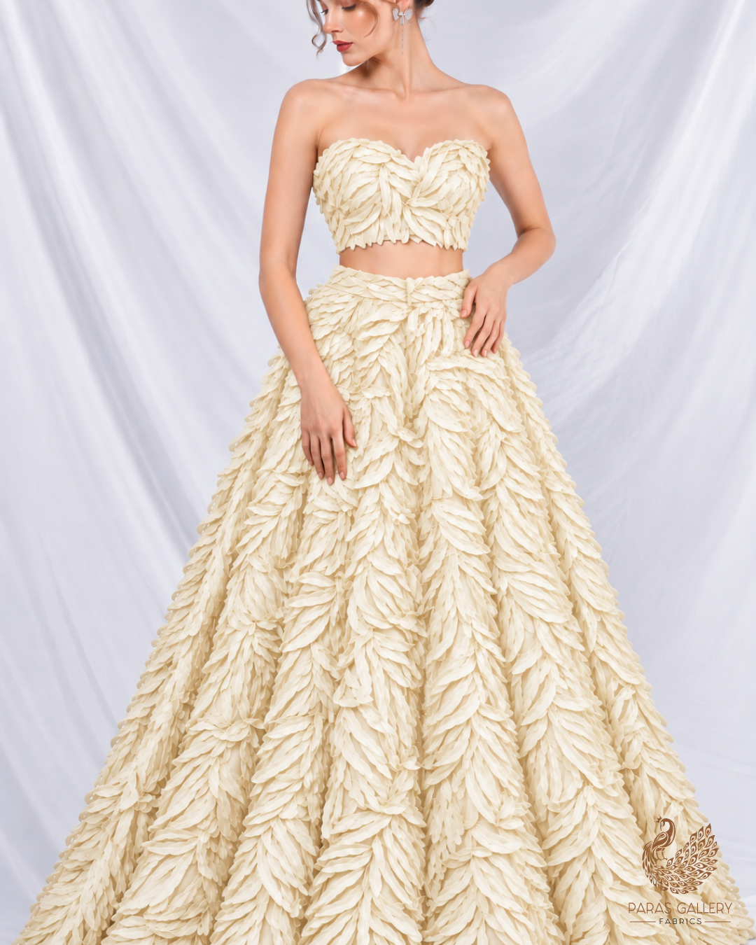 Imported Cream Net Fabric with Allover Pleated Ribbon Work