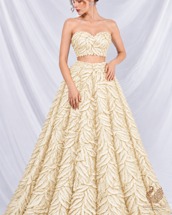 Imported Cream Net Fabric with Allover Pleated Ribbon Work