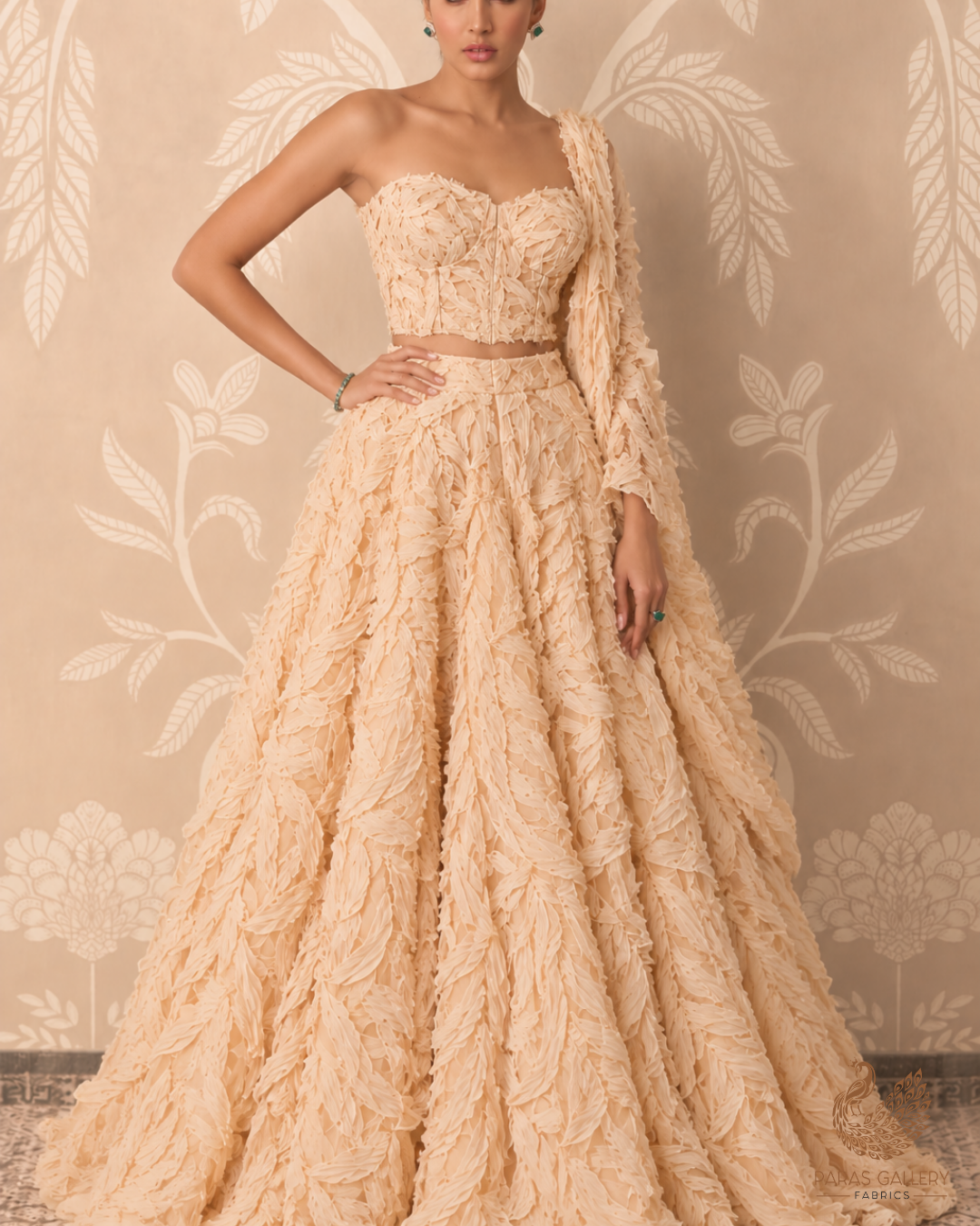 Imported Cream Net Fabric with Allover Pleated Ribbon Work