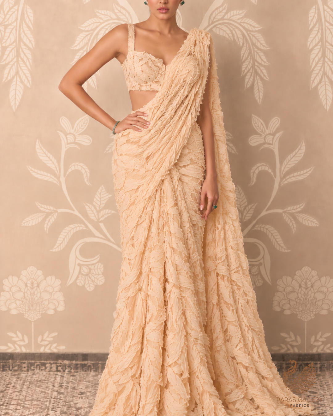 Imported Cream Net Fabric with Allover Pleated Ribbon Work
