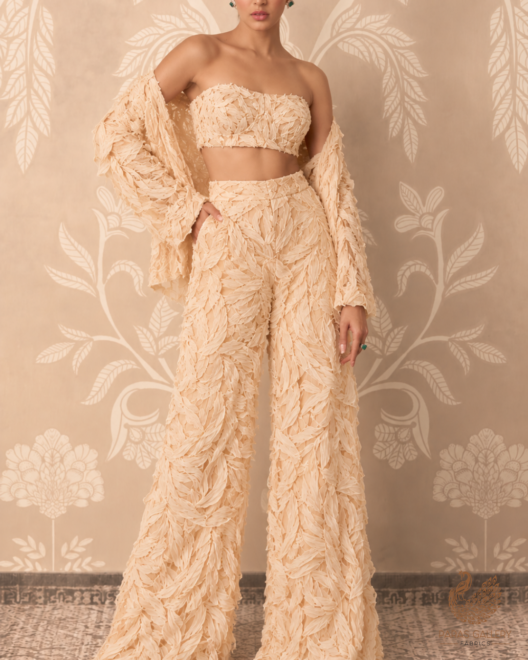 Imported Cream Net Fabric with Allover Pleated Ribbon Work
