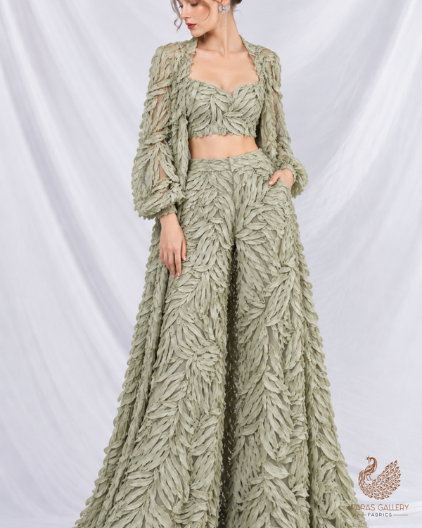 Imported Sea Green Net Fabric with Allover Pleated Ribbon Work