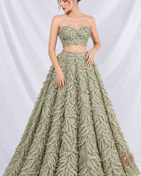 Imported Sea Green Net Fabric with Allover Pleated Ribbon Work