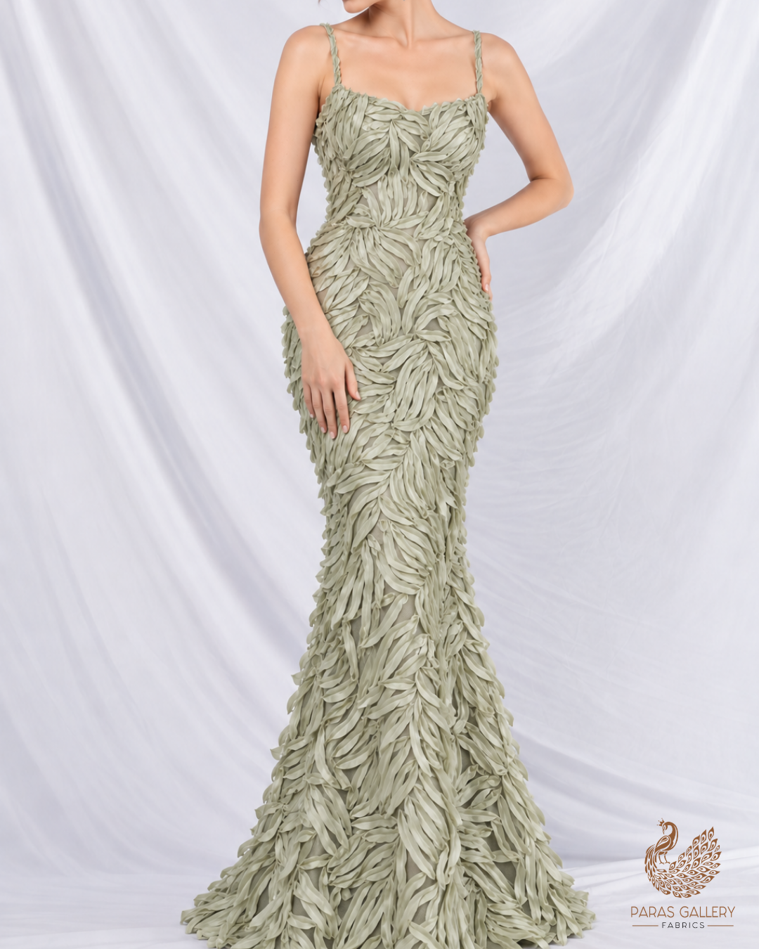 Imported Sea Green Net Fabric with Allover Pleated Ribbon Work