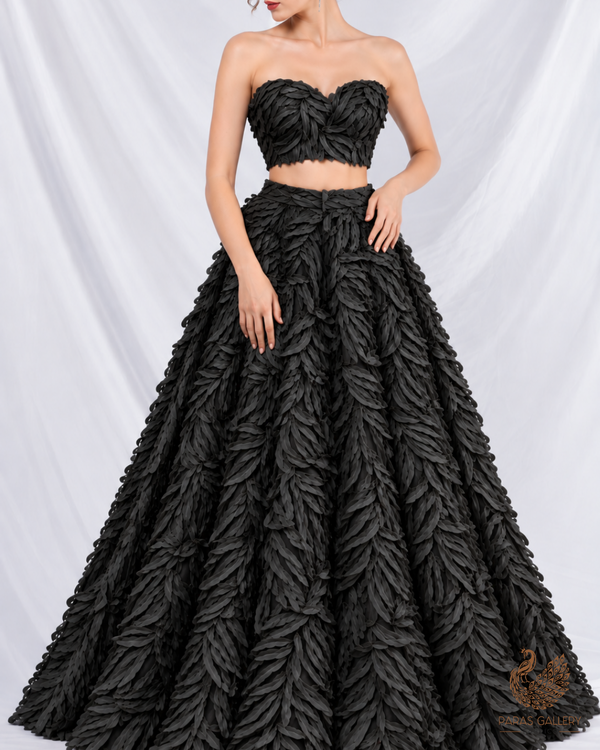 Imported Black Net Fabric with Allover Pleated Ribbon Work