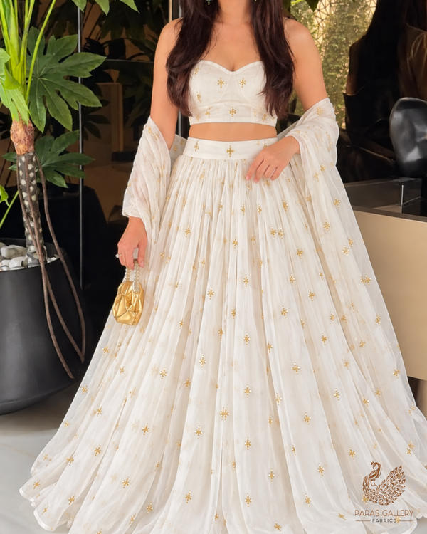 The Noor - White Organza with Classic Golden Buti of Thread & Sequins 12301