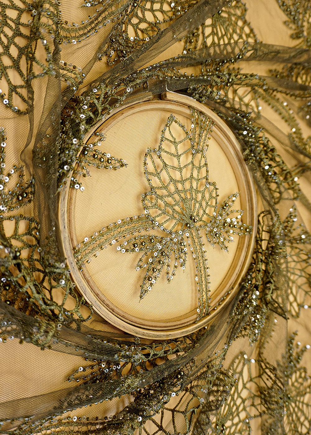 Mehandi-Imported-Net-Fabric-with-Allover-Cutwork,-Sequins,-Beads,-Pearls-&-Thread-12338-close-view