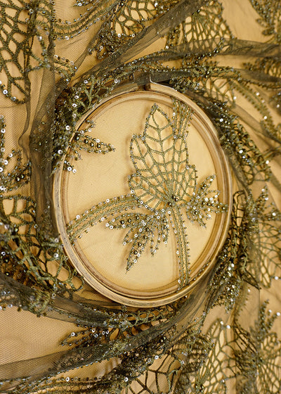 Mehandi Imported Net Fabric with Allover Cutwork, Sequins, Beads, Pearls & Thread 12338
