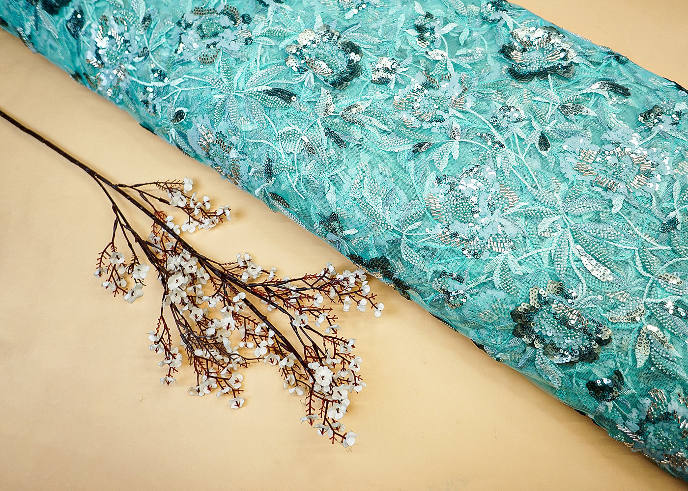 Sea Green Imported Net Fabric with Sequin, Kutdana & Bead Handwork with Intricate Detailing