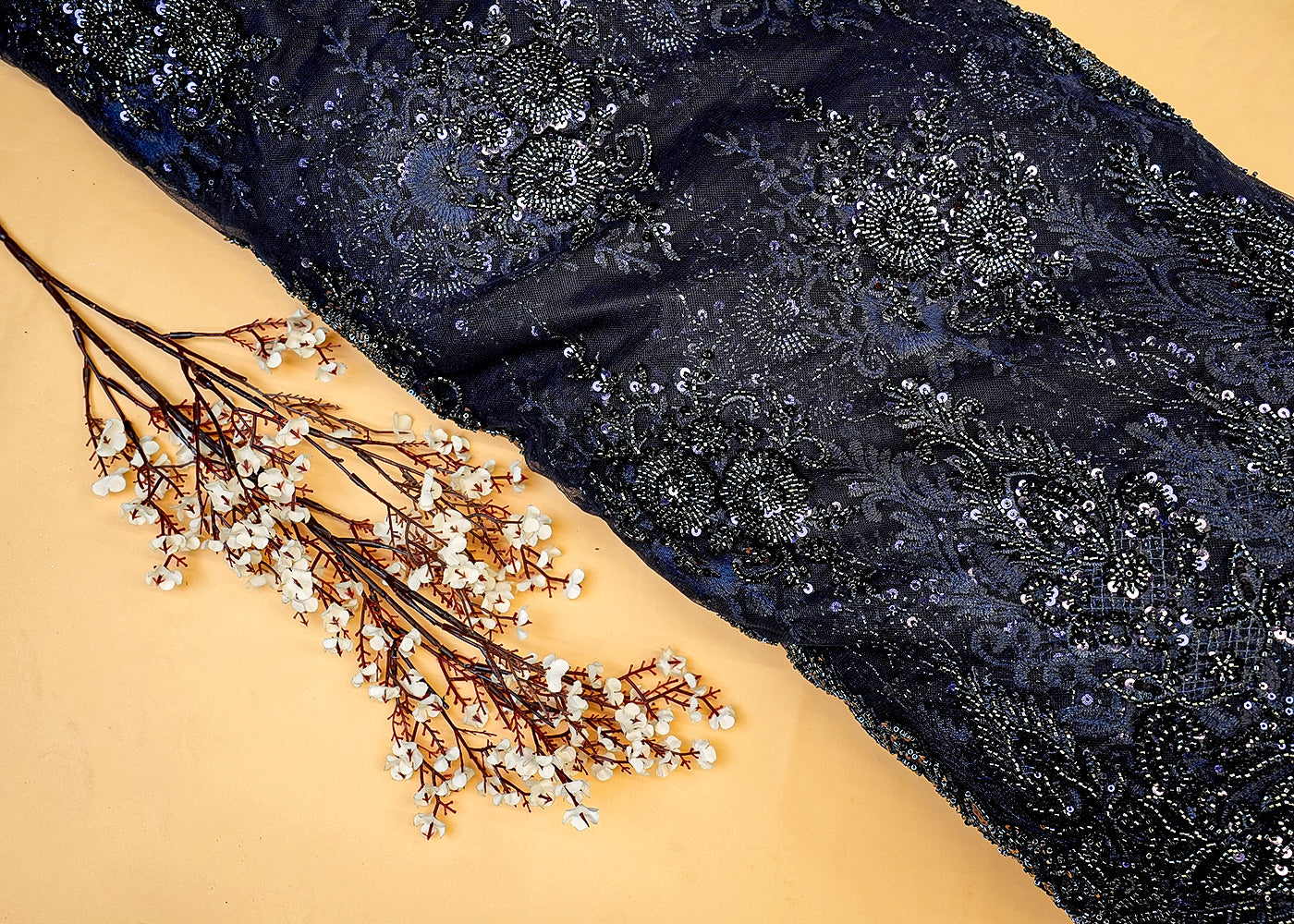 Navy Blue Imported Net Fabric with Sequin & Kutdana Handwork with Scalloped Elegance