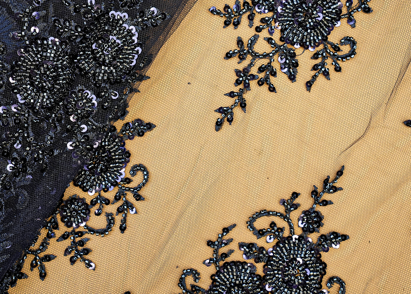 Navy Blue Imported Net Fabric with Sequin & Kutdana Handwork with Scalloped Elegance