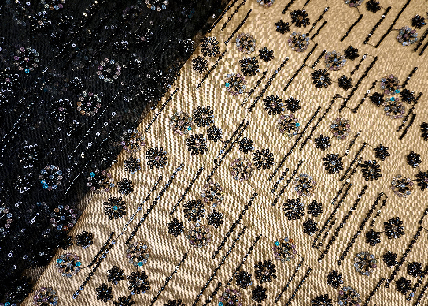 Imported Black Net Fabric with Allover Sequins, Beads & Katdana Work