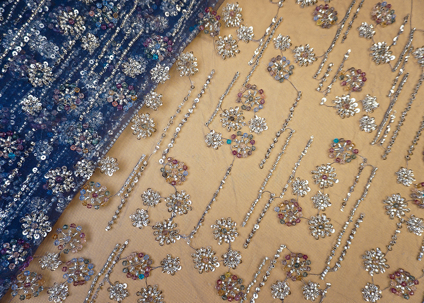 Imported Blue Net Fabric with Allover Sequins, Beads & Kutdana Work
