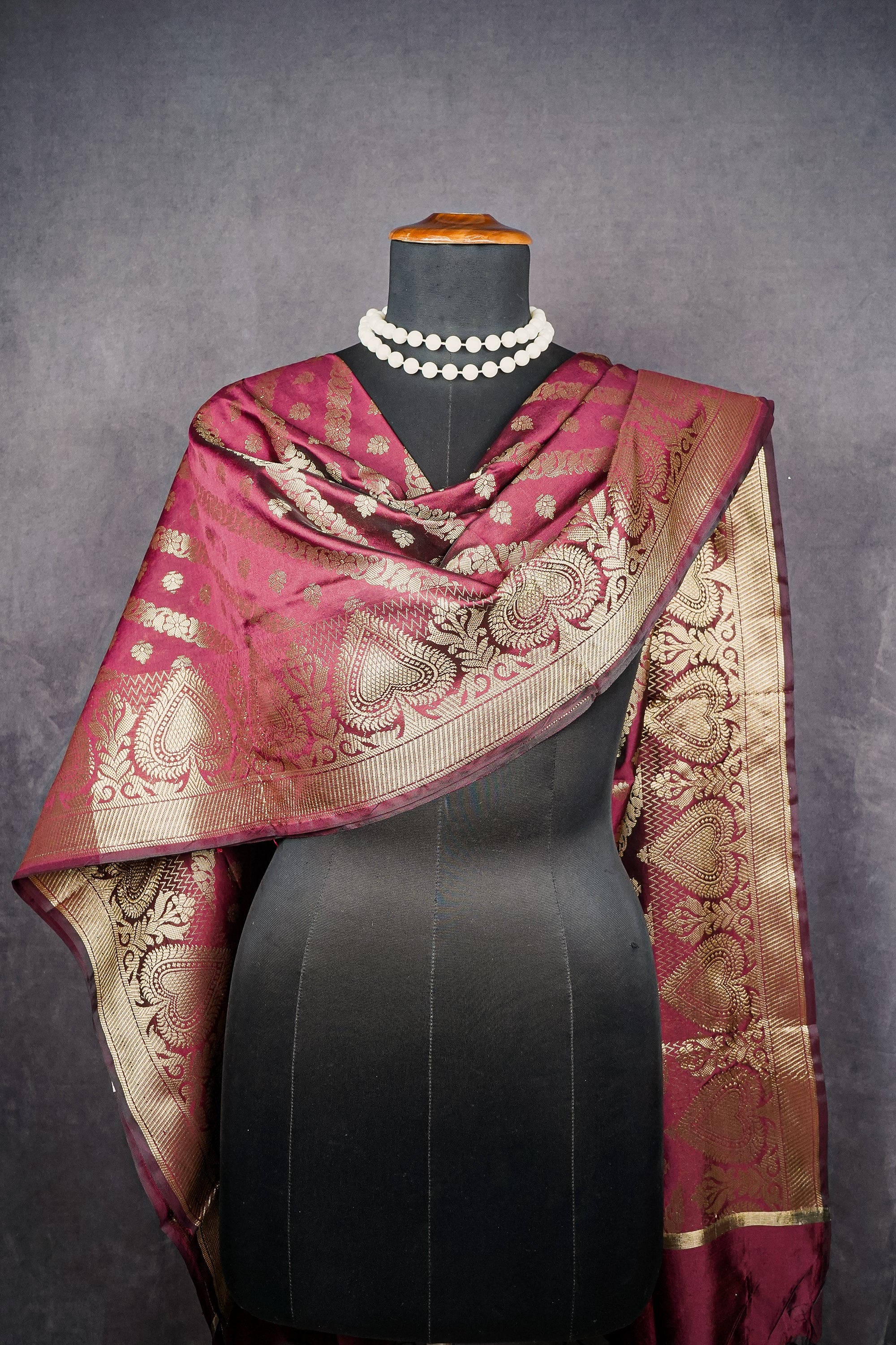 Maroon Banarasi Brocade Dupatta With All Over Zari Handloom 12483