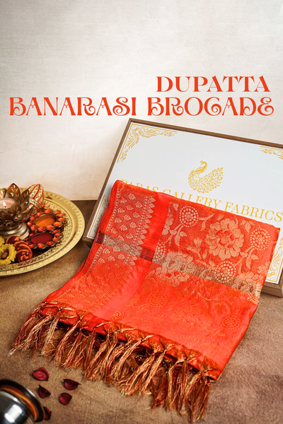 Orange Banarasi Brocade Dupatta With All Over Zari Handloom 12515