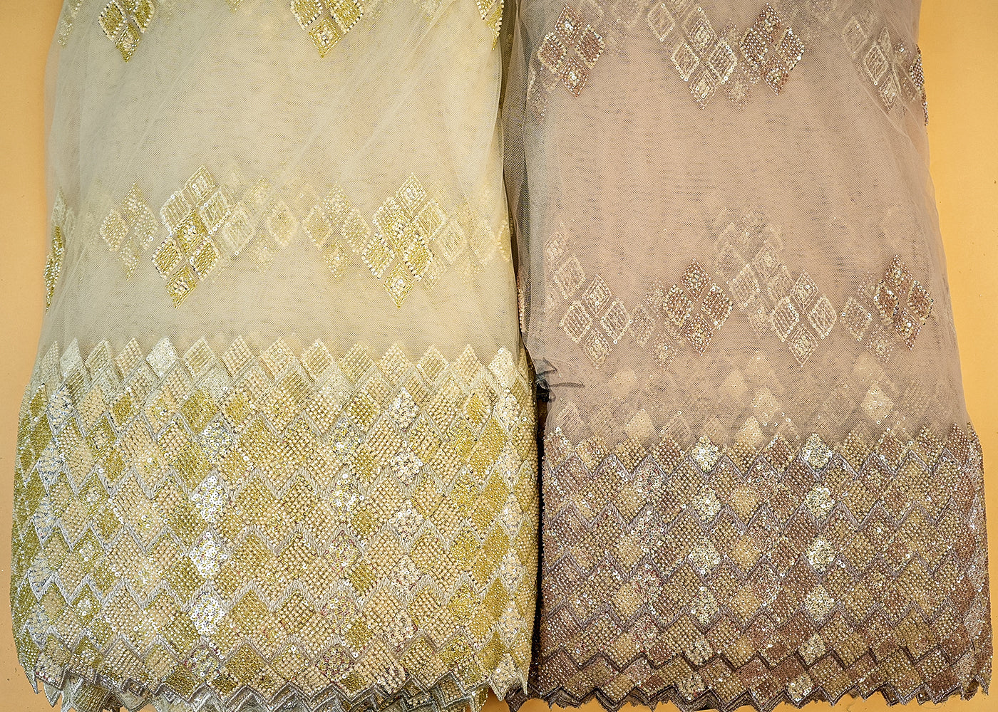 Rose Gold Imported Net with Allover Beads & Sequins Work with Heavy Border 12555