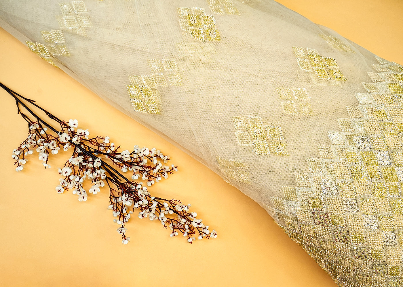 Lemon Imported Net with Allover Beads & Sequins Work with Heavy Border 12557