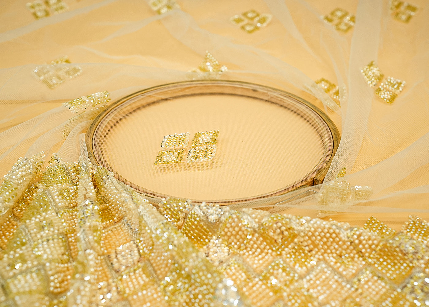 Lemon Imported Net with Allover Beads & Sequins Work with Heavy Border 12557