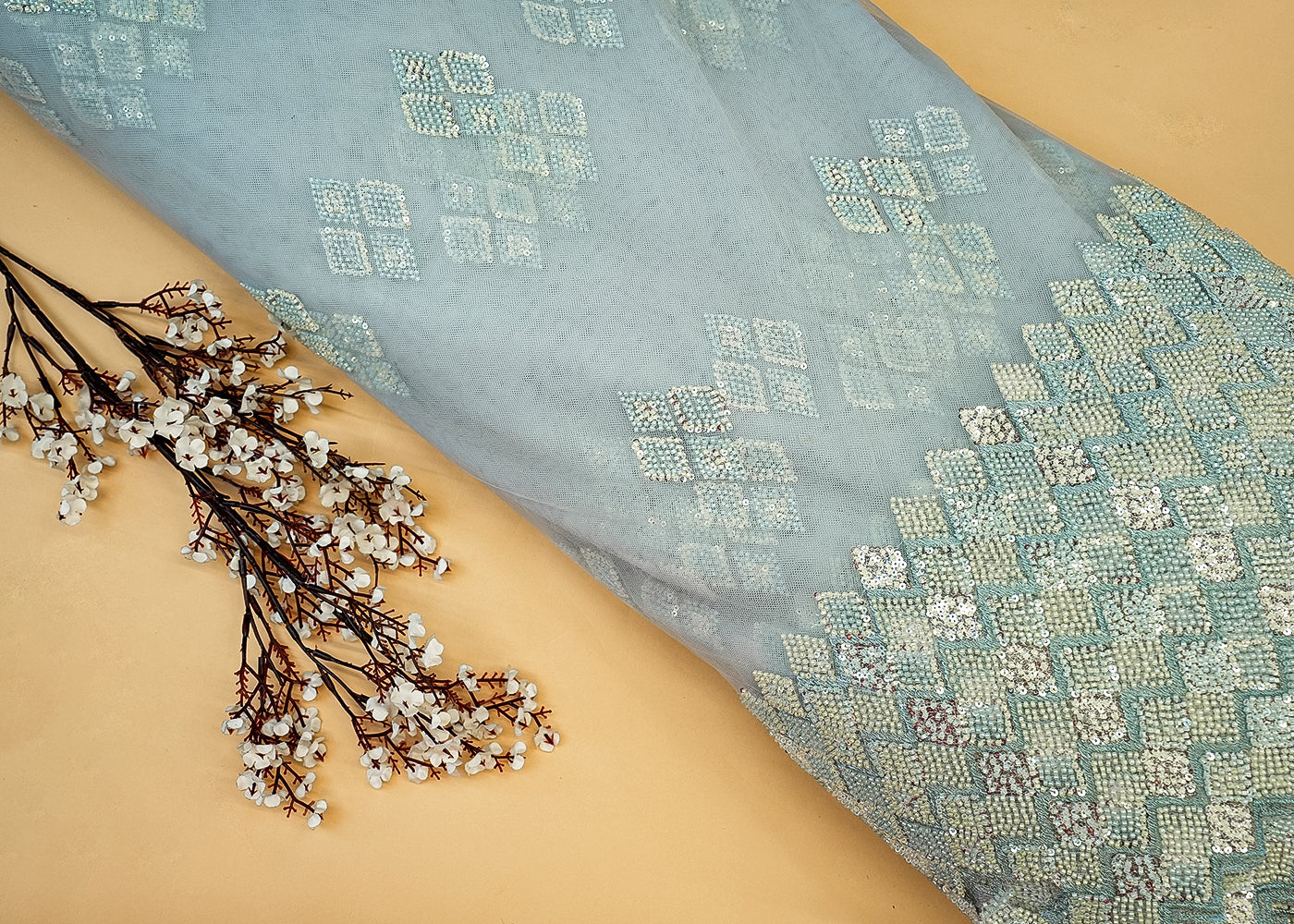 Sky Blue Imported Net with Allover Beads & Sequins Work with Heavy Border 12558