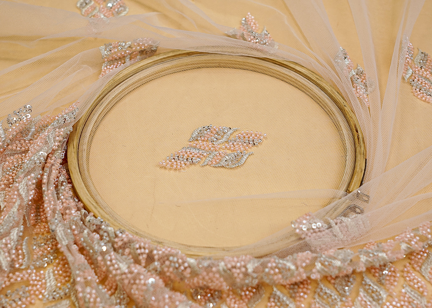 Peach Imported Net with Allover Beads & Sequins Work with Heavy Border 12561