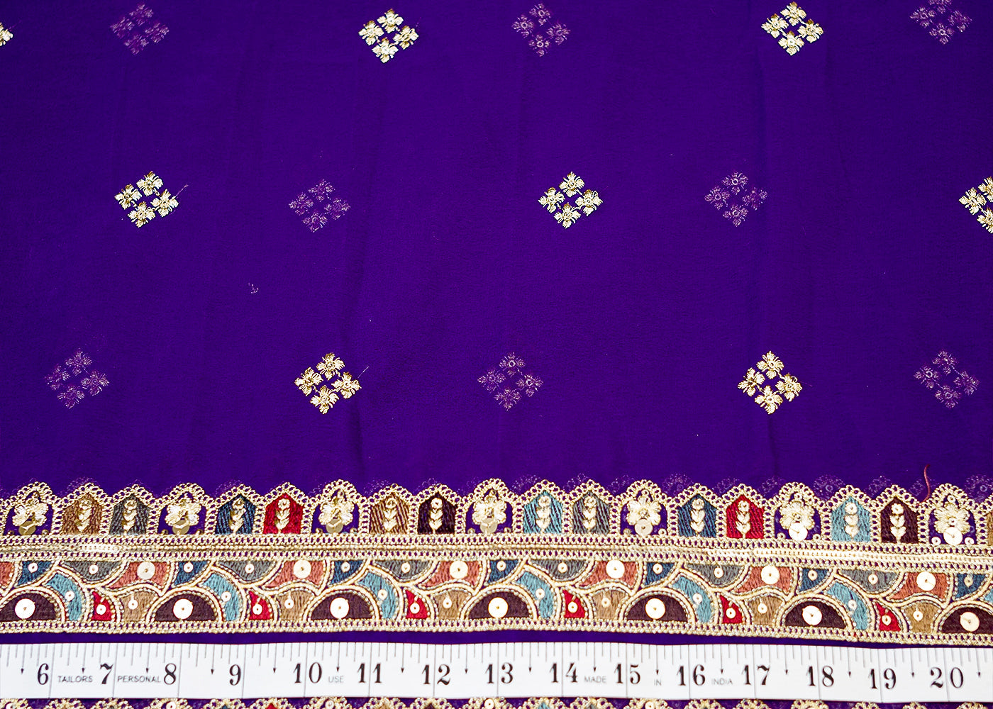 Purple Georgette Dupatta Fabric with Buti of Multicolor Threadwork, Sequins & Borders 12592