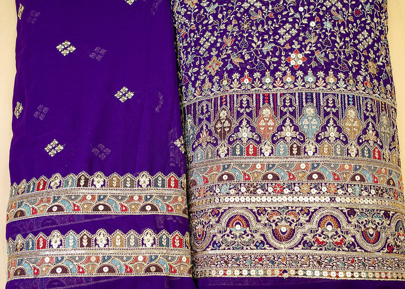 Purple Georgette Dupatta Fabric with Buti of Multicolor Threadwork, Sequins & Borders 12592