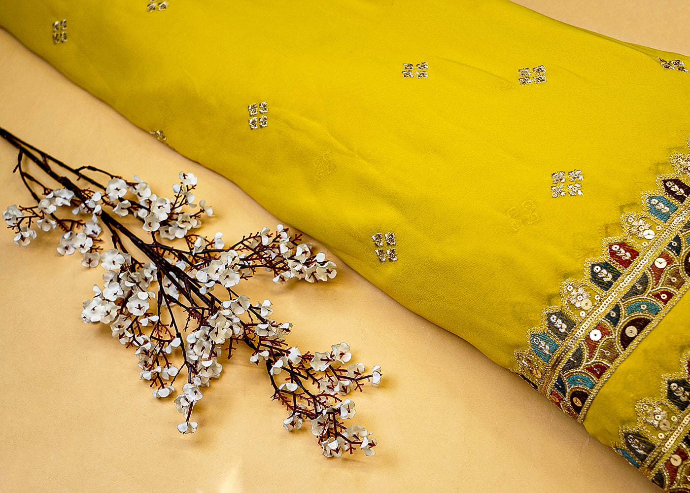 Yellow Georgette Dupatta Fabric with Buti of Multicolor Threadwork, Sequins & Borders 12593