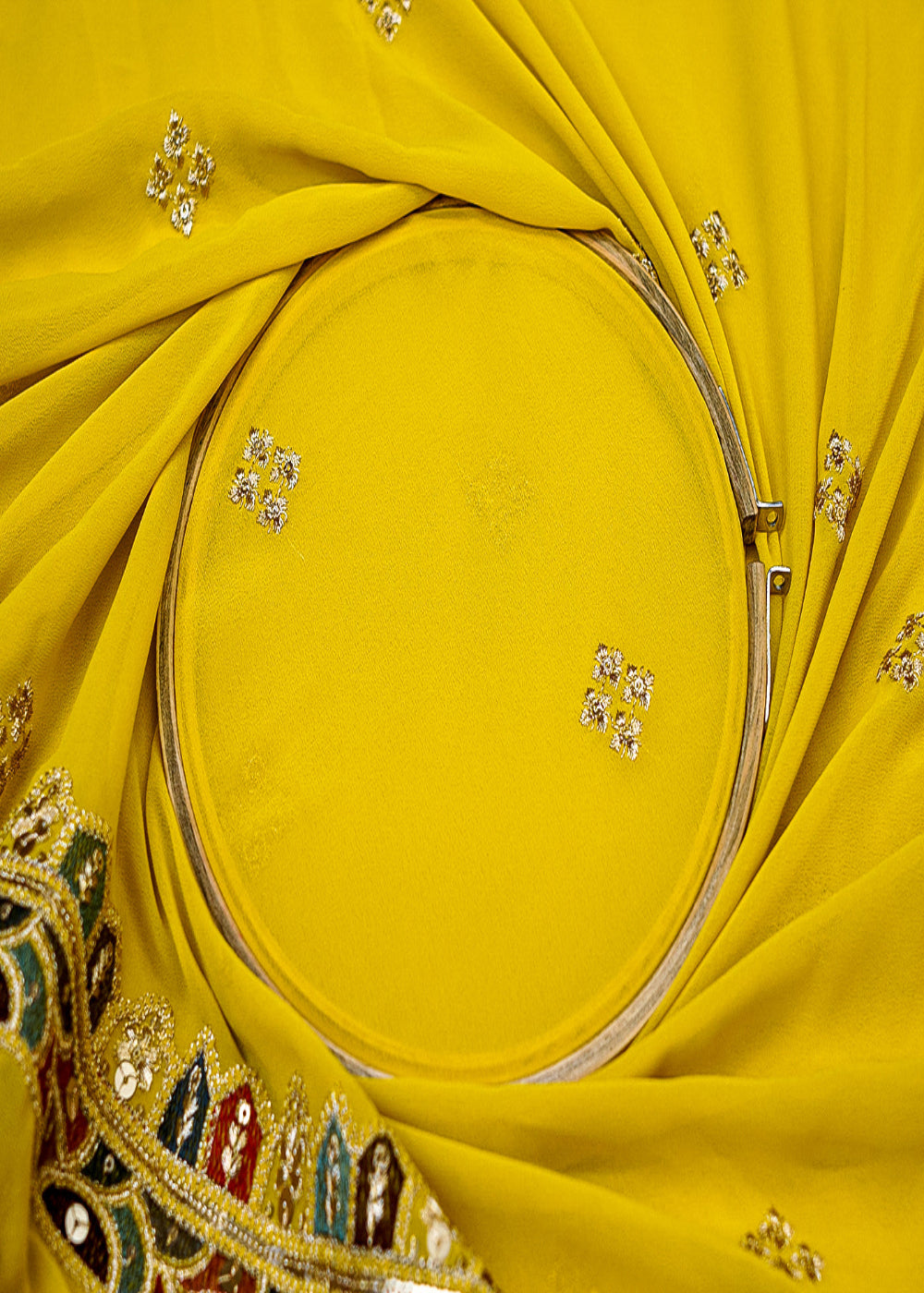 Yellow-Georgette-Dupatta-Fabric-with-Buti-of-Multicolor-Threadwork,-Sequins-&-Borders-12593-close-view